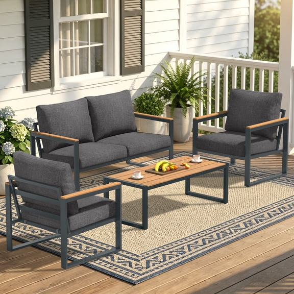COMLAX FIELD 4-Piece Patio Furniture Set, Metal Outdoor Conversation Set with Coffee Table & Removable Cushions