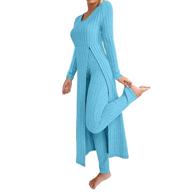 Zhanying Ensembles en Tricot Deux Pièces Femme Automne Tendance Décontracté Robe Longue à Manches Longues Col Rond Haut Fendu en Tricot Côtelé Doux et Pantalon Bleu Ciel P