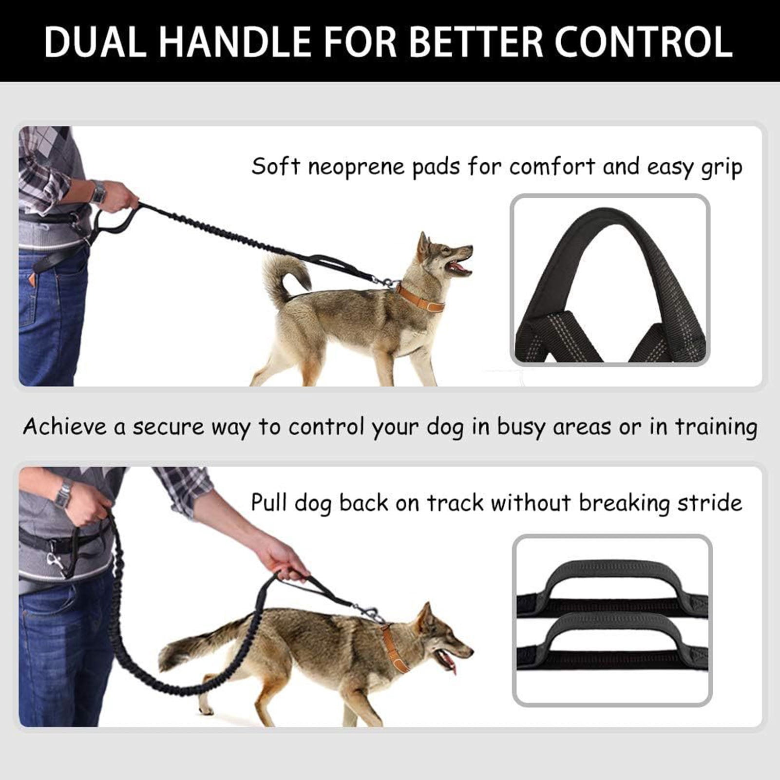 Dog Leash with Waist Bag Reflective Retractable Leash for Two Dogs Hands-Free Running Leash with Padded Handles Night Safety Walking Gear