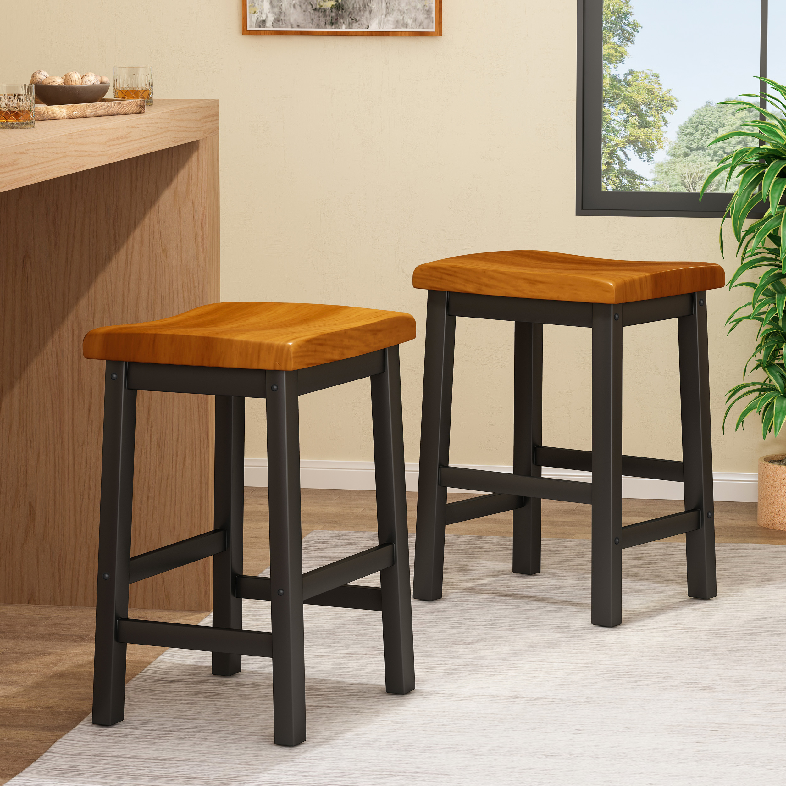 Noble House Bransen 24in Walnut/Black Saddle Stool (Set of 2)
