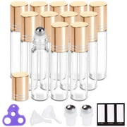 Essential Oil Roller Bottles 10 ml (Clear Glass with Golden Cap, 12pack，24 Pieces Labels, Opener, 2 Extra tainless teel Balls, 2 Funnels by ) Roller Balls for Essential Oils