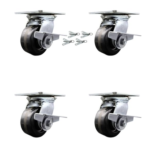4 Inch Phenolic Caster Set with Roller Bearing and Brakes/Swivel Locks SCC
