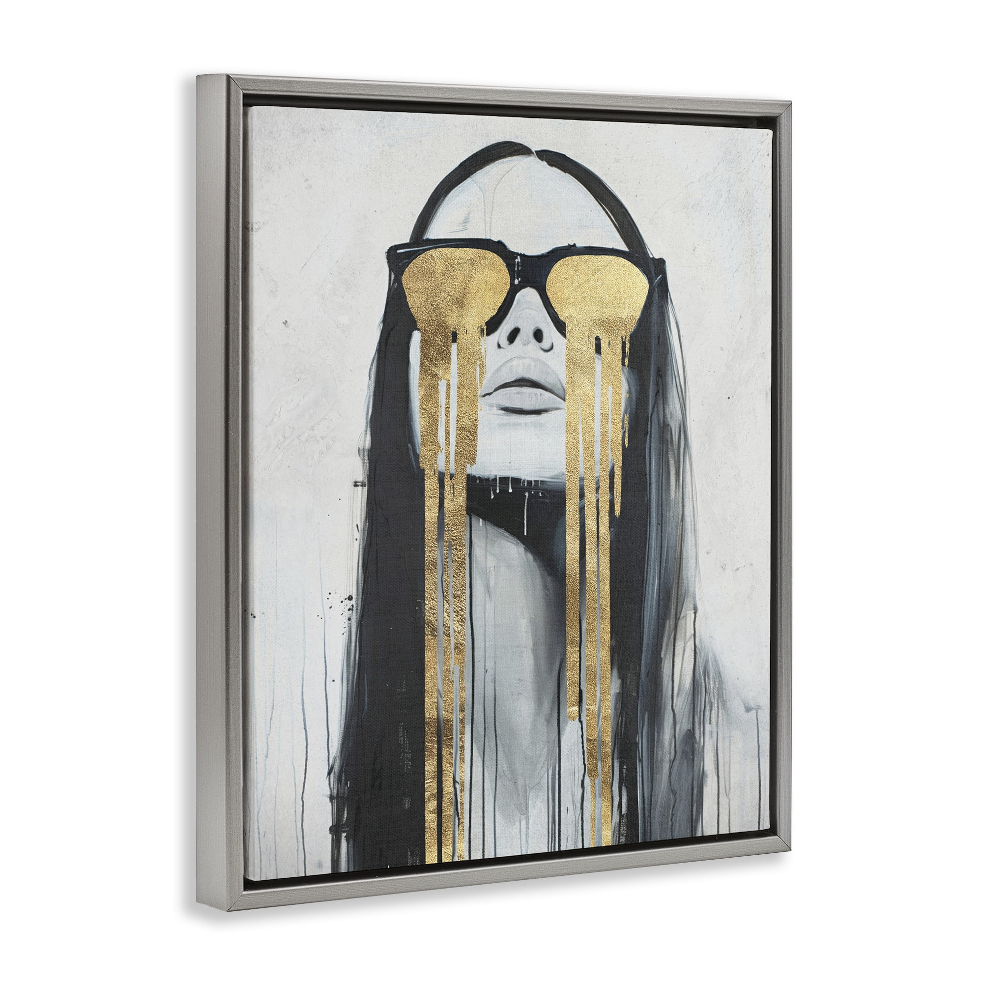 Stupell Industries Golden Tears Glam Girl People Painting Gray Floater Framed Canvas Art Print Wall Art, 17 x 21