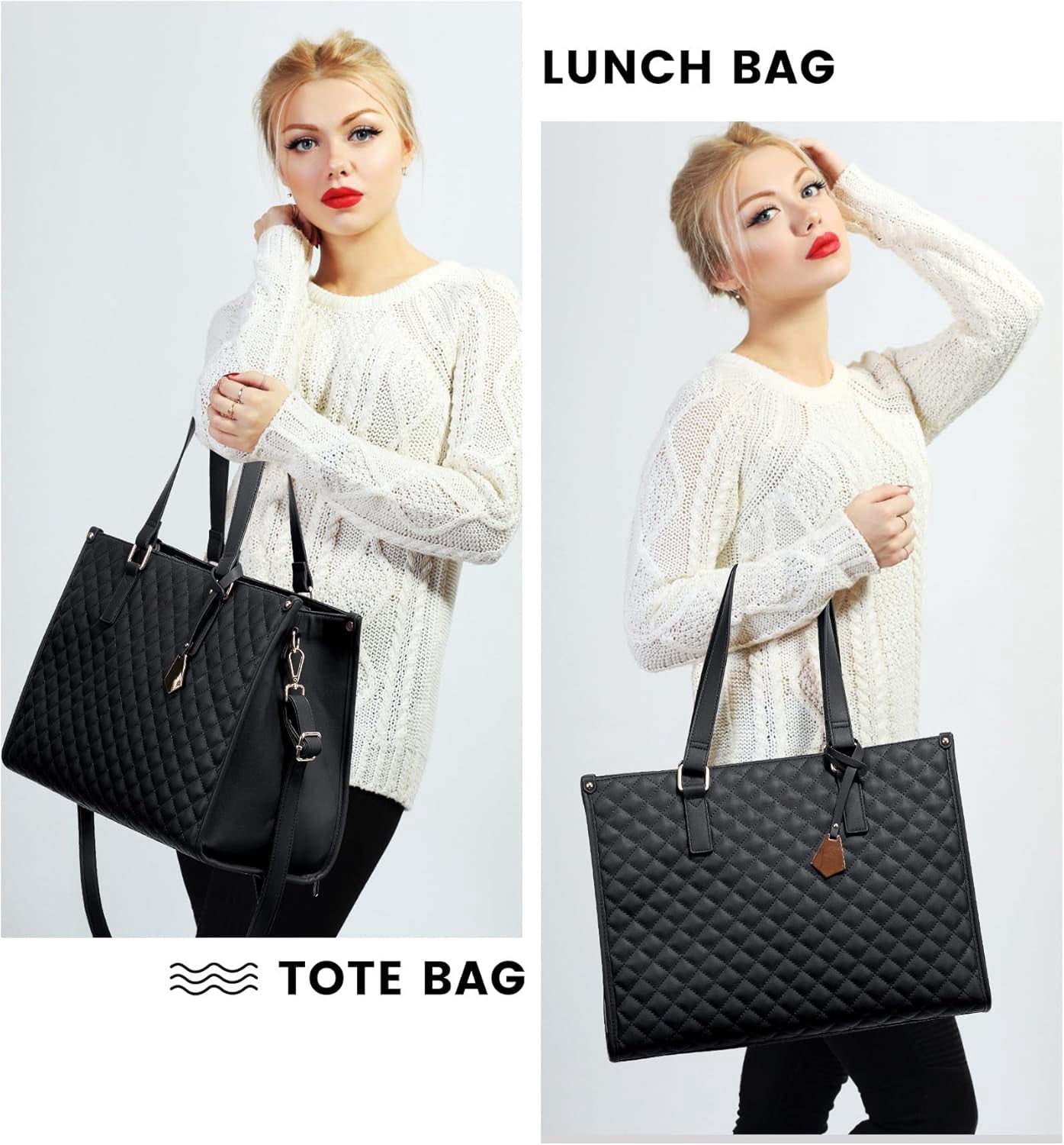 DLD Lunch Tote Bag for Women, 15.6 Inch Laptop Bag with Insulated Lunch Compartment, Quilted Large Capacity Computer Handbag with Purse for Business, Work, Nurse, Office, Collage, Casual, Black