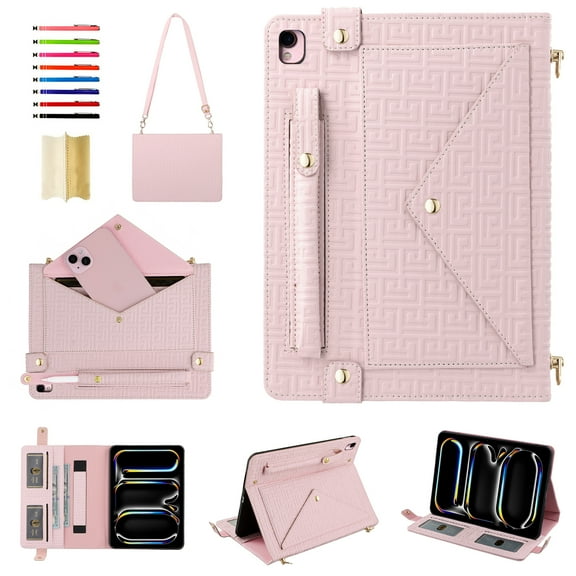 Handbag Case for iPad 9th/8th/7th Gen/Pro 10.5", Flip Folio Stand Crossbody Wallet Case with S Pen Holder & Card Slots Pocket, Hand Strap & Shoulder Strap Protective Cover,Pink