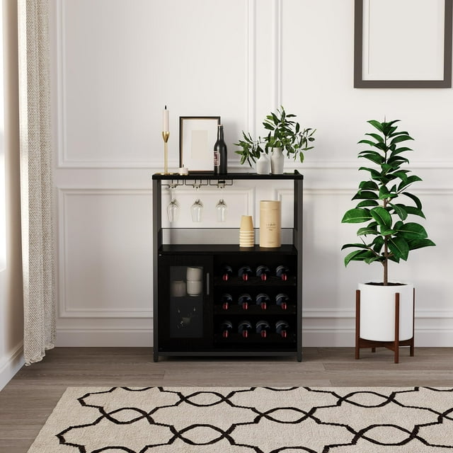 GloryStar Wine Bar Cabinet - Large Capacity Liquor Cabinet with Storage, Adjustable Shelves for Glassware, Sturdy MDF Construction, Easy Assembly Wine Rack Ideal for Dining Room Bar & Kitchen