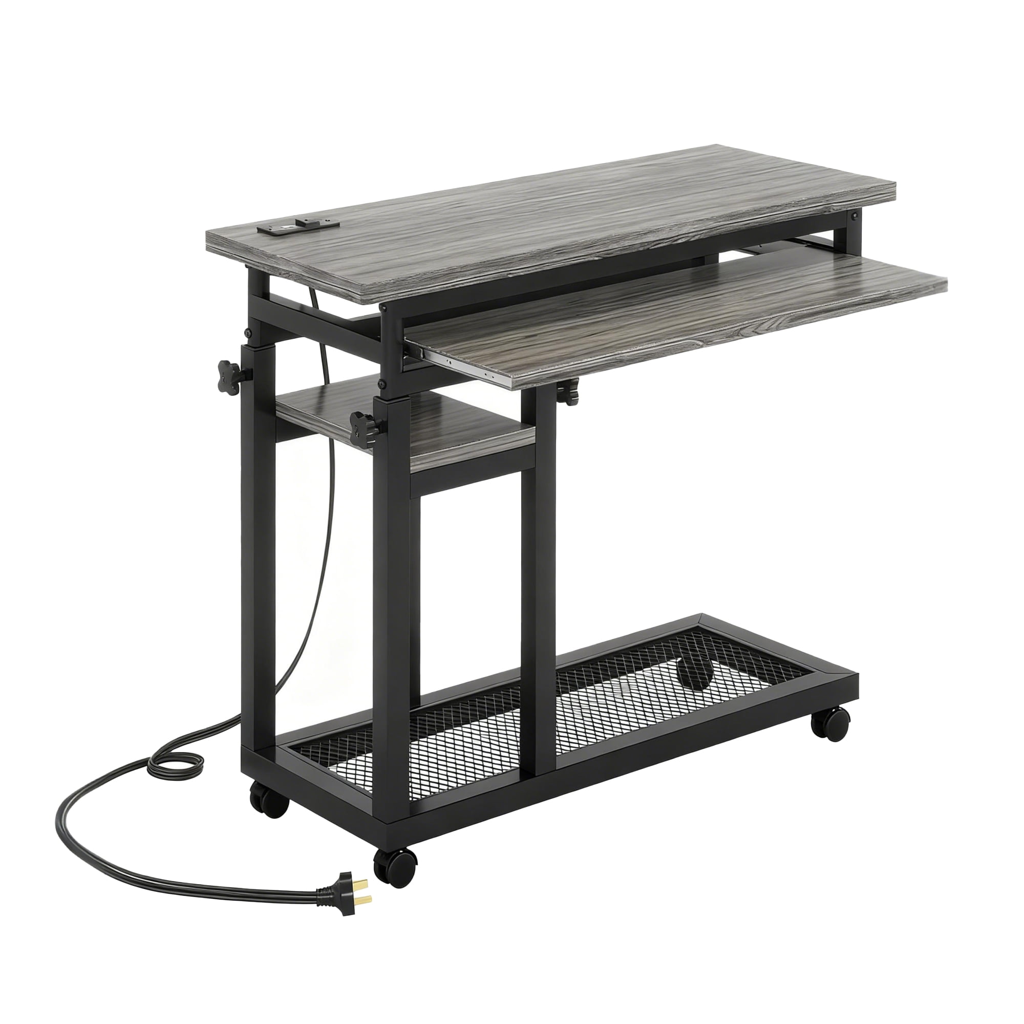 KIOOTTO Height Adjustable C-Shaped Mobile Desk with Power Outlet, USB Ports, Keyboard Tray and Wheels, Grey