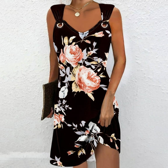 Munlar Women's Sun Dress Sleeveless V Neck Dress Casual O-Ring Summer Floral Print Mini Dress