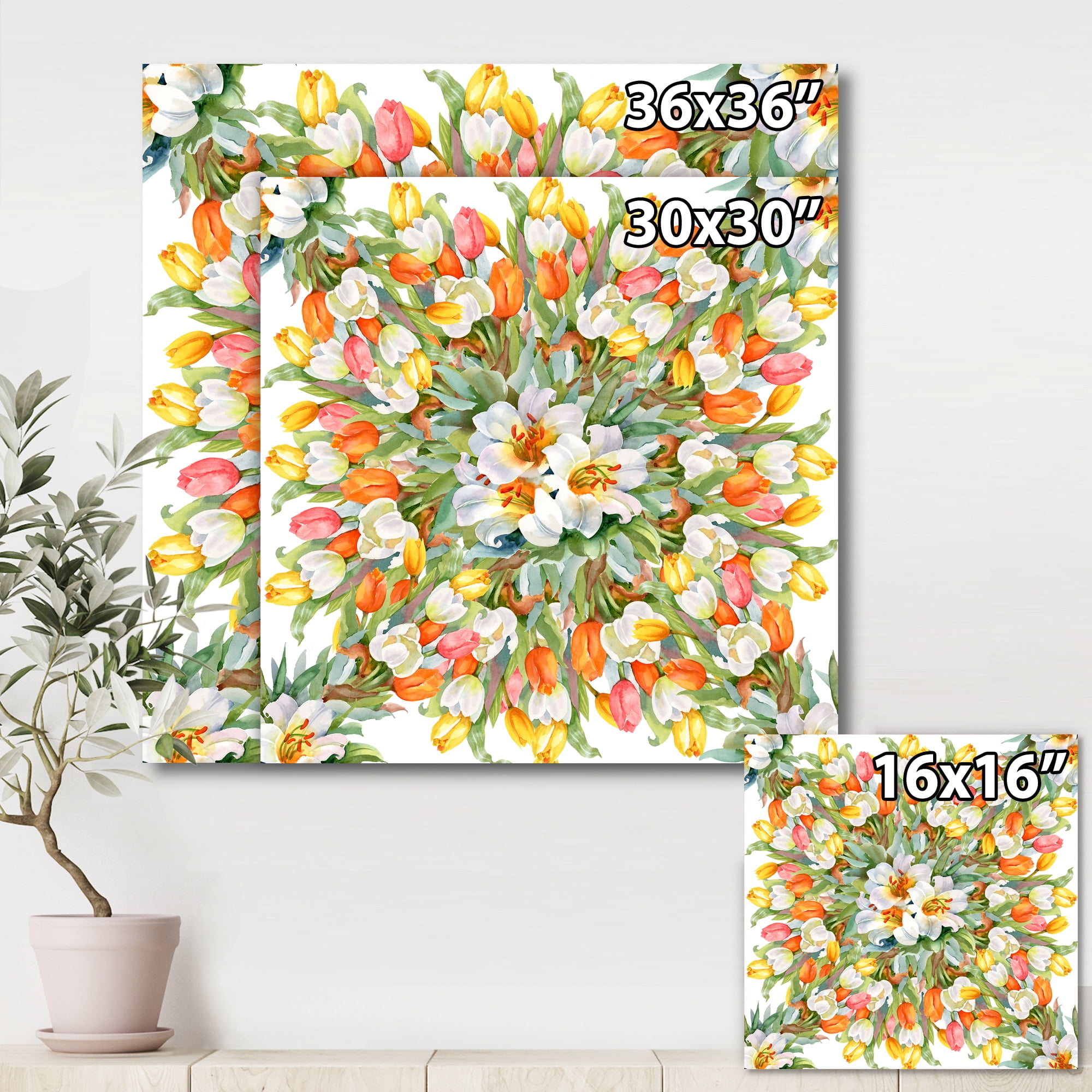 Blooming Orange and White Tulips I 16 in x 16 in Painting Canvas Art Print, by Designart