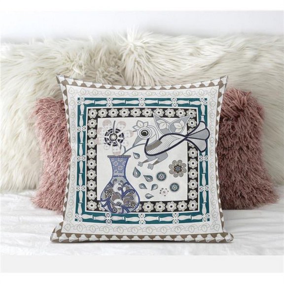 Love Your Vase Peacock Indoor/Outdoor Pillow in Off-White Dark Aqua Beige 18x18
