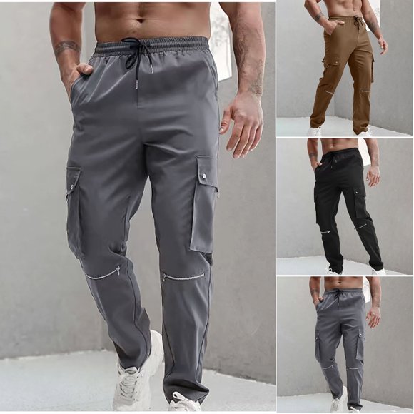 Men's Solid Casual Elastic Waist Cargo Pants Trousers Bottoms with Multiple Pockets for Outdoor Hiking Work Daily Wear Travel Comfortable Fit | IhhxPro,Coffee 3XL