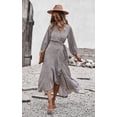 thumbnail image 2 of Vestido largo vintage cruzado de manga larga con estampado floral y escote en V para mujer con cinturón, 2 of 7