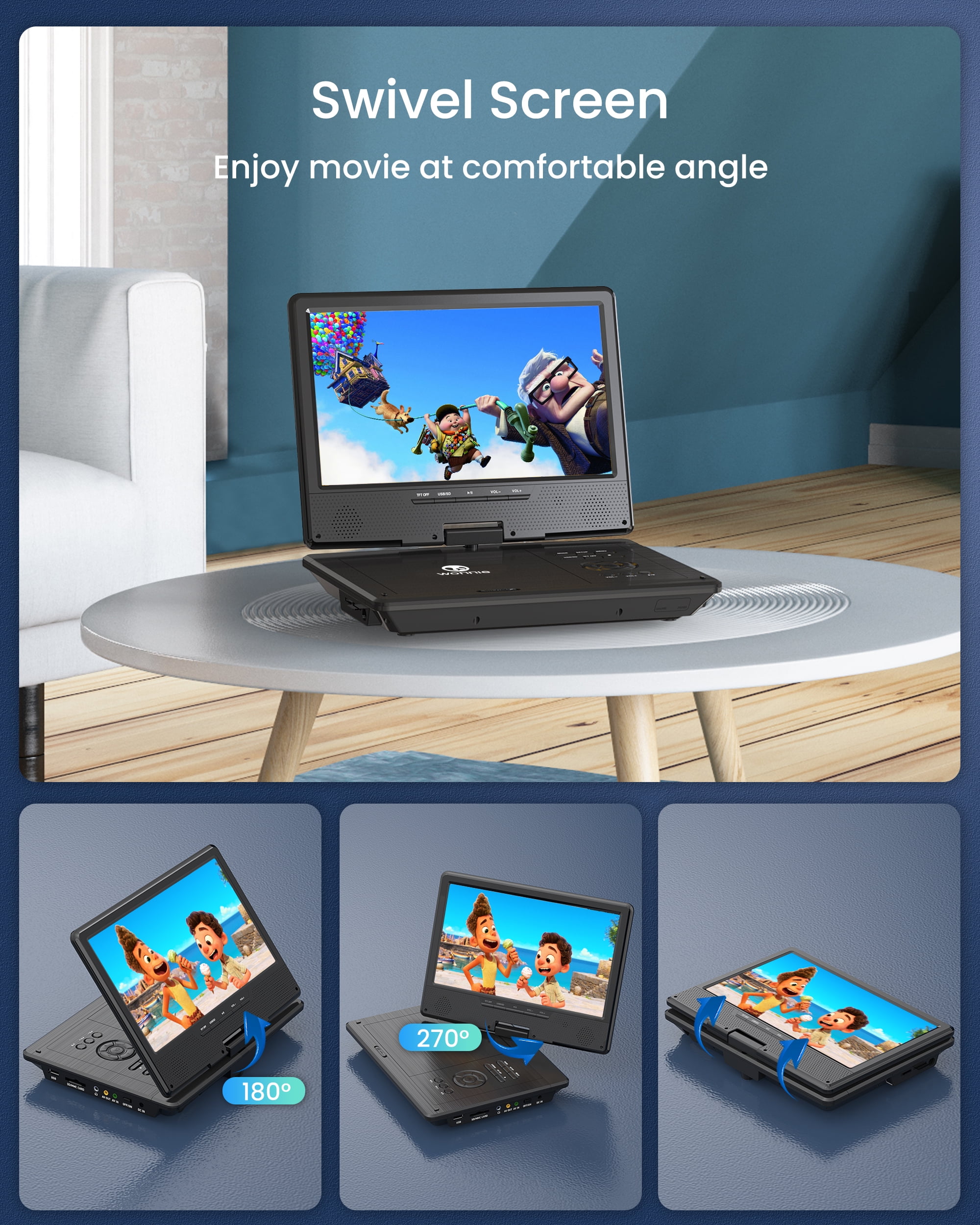WONNIE 12.5" Portable DVD Player, Premium 10.5" HD Swivel Screen CD Player for Kids, Built in 5 hours Rechargeable Battery Car Player Support USB/SD Card/Sync TV (Car Headrest Holder Included)