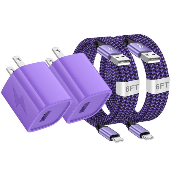 USB Charger Block, 2 Pack USB Wall Charger with 6FT Type C Charging Cable USB C Cable Phone Cables, Charging Block Phone Charger Android Charger, Fast Charging Type C Power Adapter USB Brick, Purple