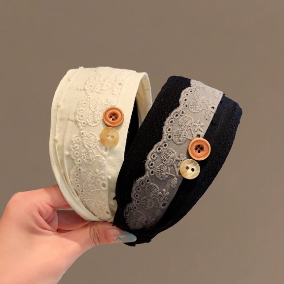 Korean-style retro lace trim button headband textured fabric wide head accessory new elegant hairband