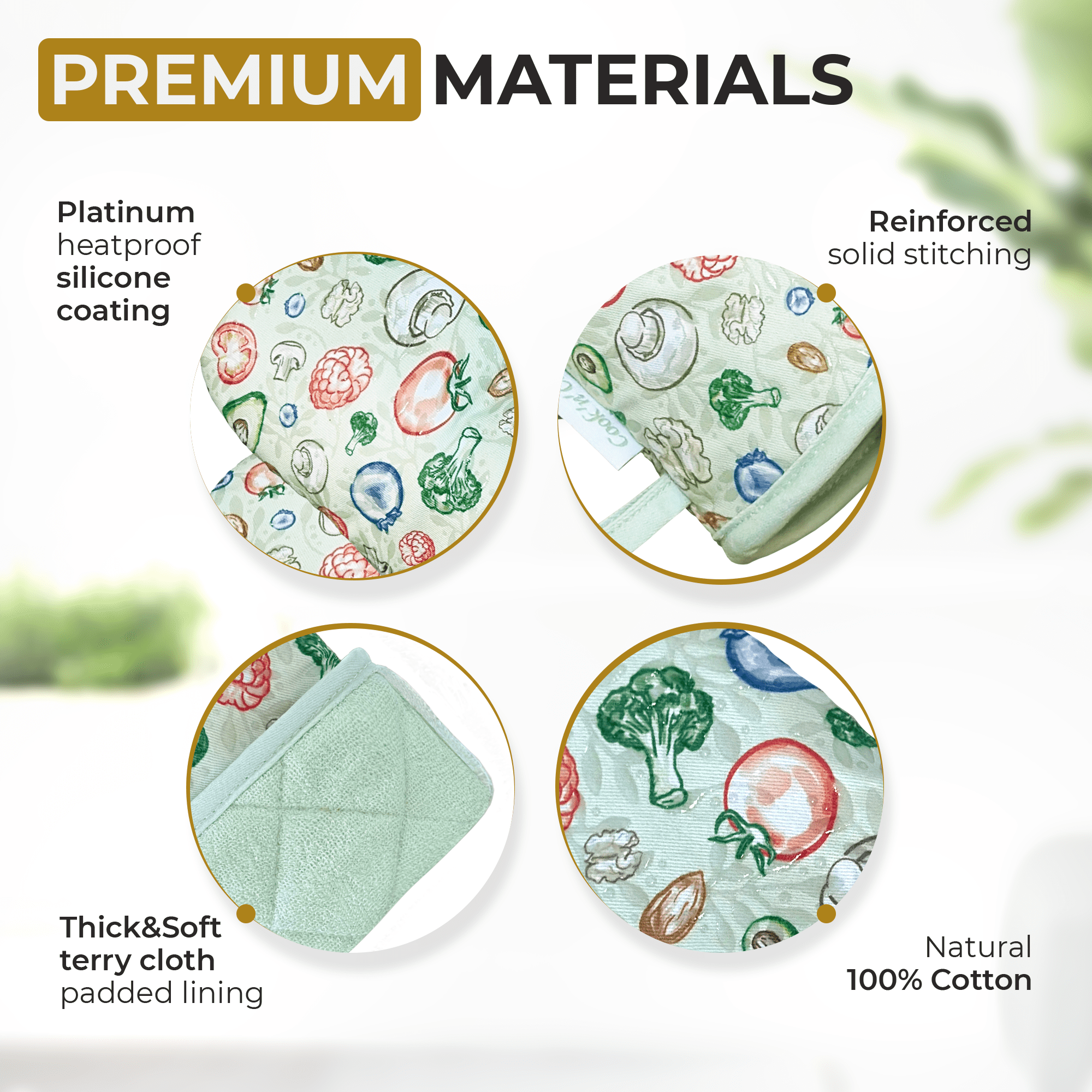 Premium Heat-Resistant Oven Mitts - Stylish and Beautiful - Non-Slip Platinum Silicone Grip - Long and Thick - 100% Natural Cotton Exterior and Soft Terry Cloth Lining - Set of 2 by Cook'n'Chic
