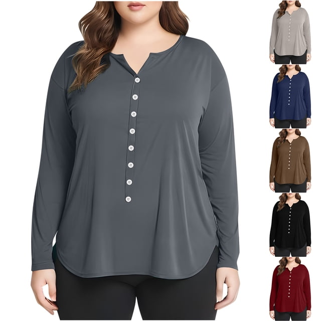 breaise Women's Plus Size Shirts Clearance 2025 Spring Long Sleeve Button Up Tops Lightweight Solid Tshirt Slim Fitting Blouses Tee L-5XL