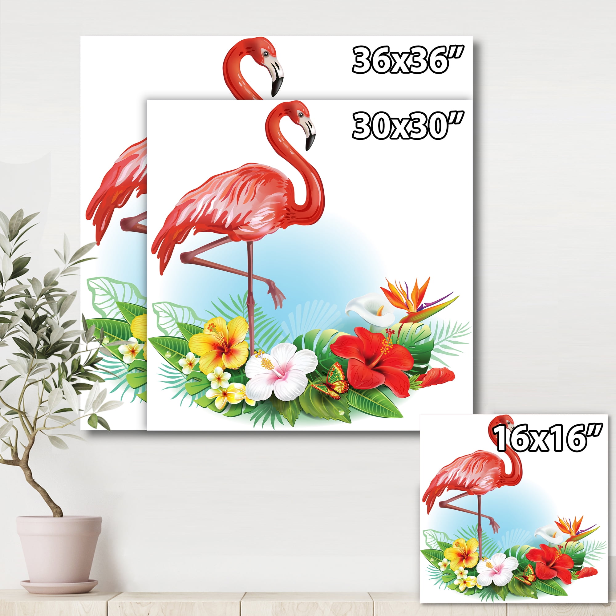 Designart ' Arrangement with Flamingo and Tropical Flowers ' Traditional Canvas Wall Art Print