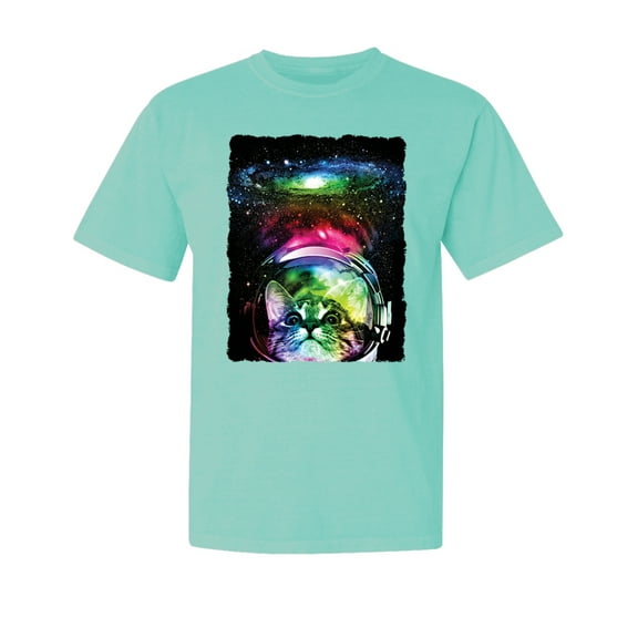 Wild Bobby, Trippy Neon Space Astronaut Lunar Cat, Streetwear, Garment-Dyed Washed Look Short Sleeve T-Shirt, Mint, Small