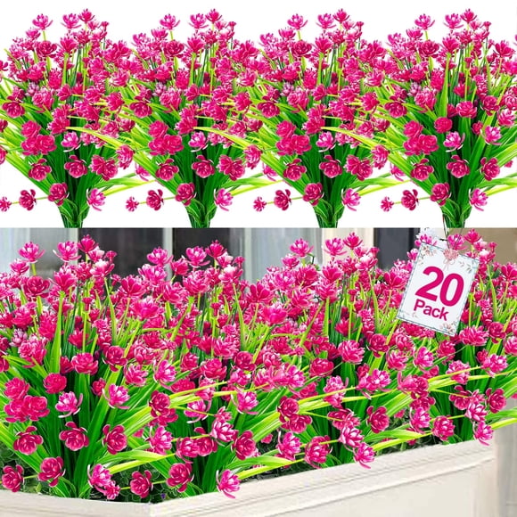 Turnmeon 20 Bundles Artificial Flowers For Outdoor Decoration Summer Decoration Uv Resistant Faux Outdoor Plastic Greenery Shrubs Plants Fake Flowers Planter Home Garden Spring Decor(Magenta)