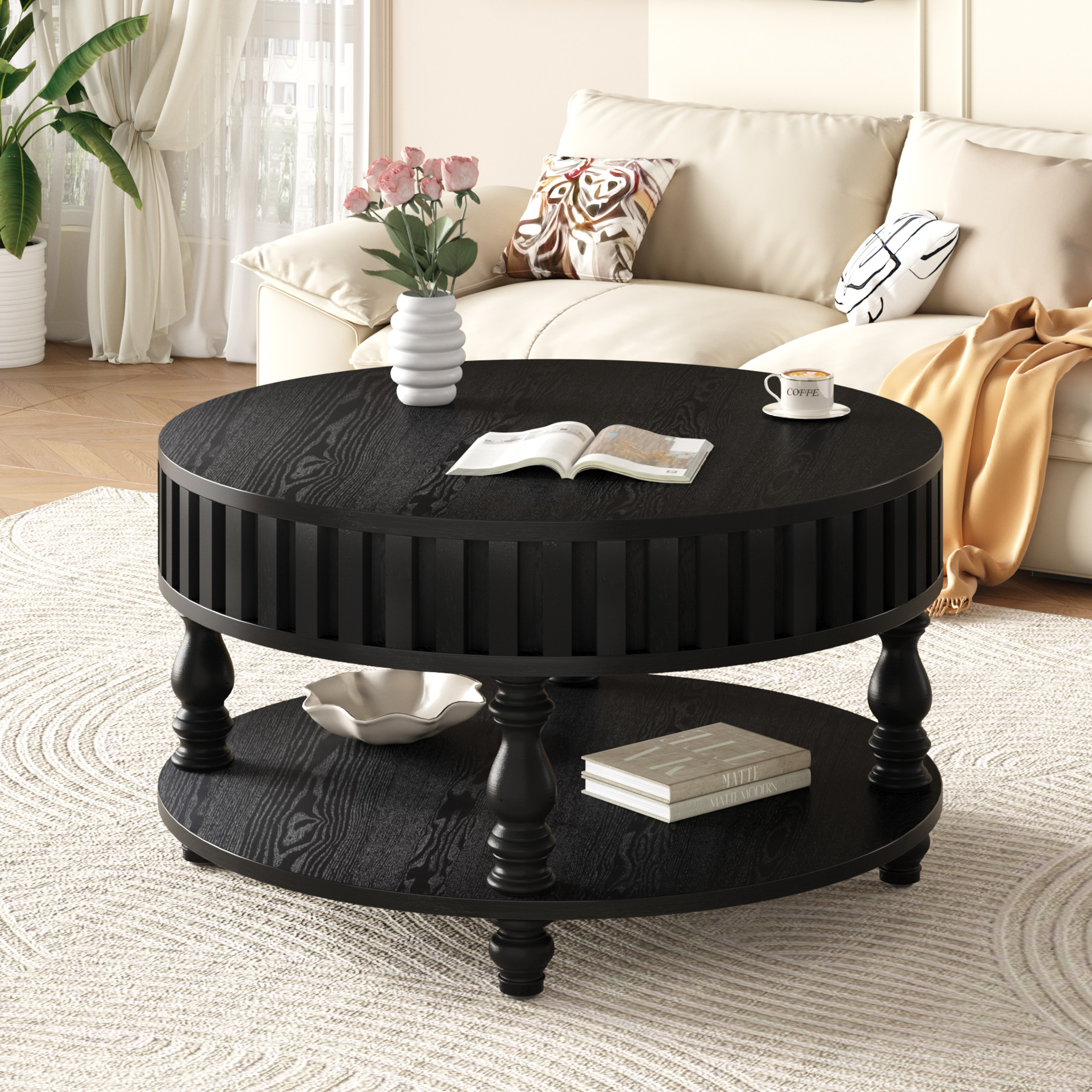 Noble house Farmhouse Fluted Coffee Table with Flip-Top Storage, Solid Wood Legs,Black