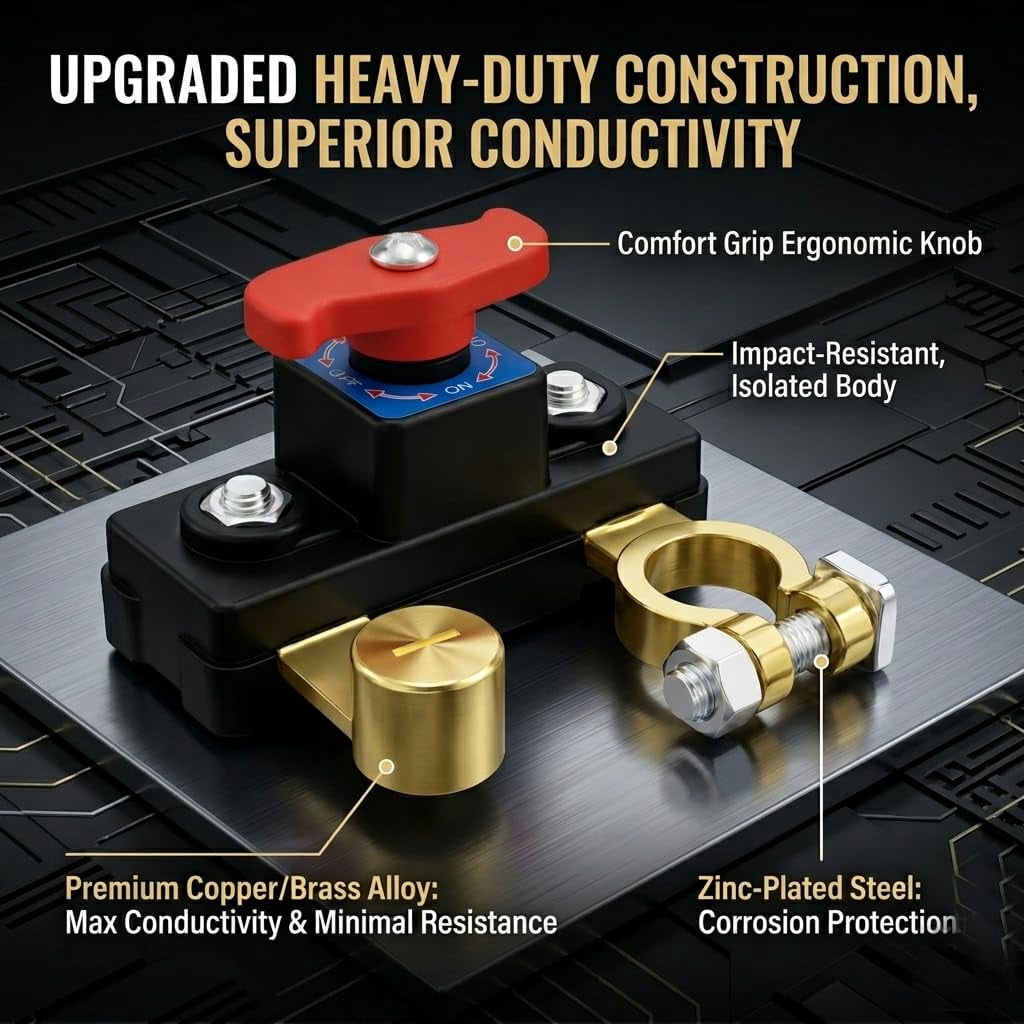 Universal Battery Disconnect & Leak Protector, Corta Corriente De Bateria, Battery Cut off Switch 12v-24v Heavy Duty, Pure Copper, Manual Adjustable Kill Switch for Truck Car Rv Boat (1pc)