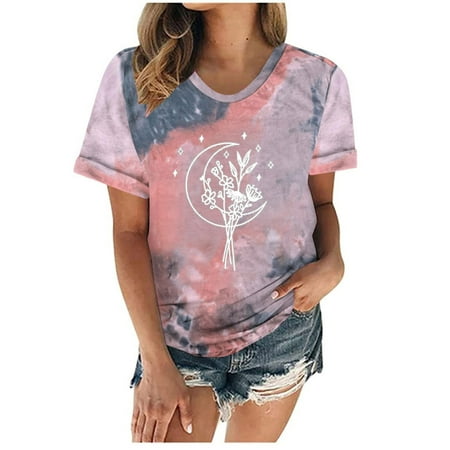 

kakina CMSX Striped Shirts for Women Sun And Moon Tie-dye T-Shirt Crewneck Short Sleeve Top Casual Funny Cute Teen Girl Tee Slim Fit Basic Blouses Pink XL