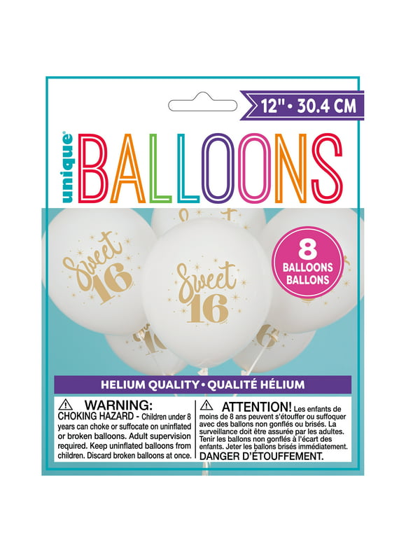 Unique Industries Latex Script Sweet 16" White Graphic Prints 16th Birthday Balloons, 8 Count
