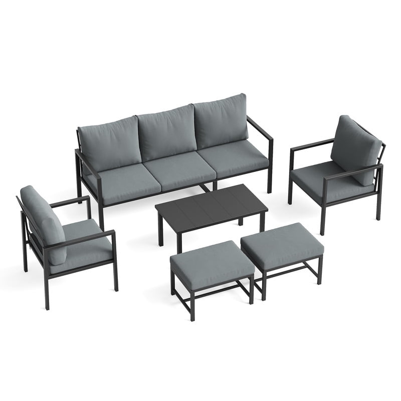MRUAKA 6-Piece Outdoor Patio Conversation Set, Metal Frame Furniture Sofa with Armchairs & Coffee Table, Weather-Resistant Cushions for Balcony, Deck, Poolside Gray