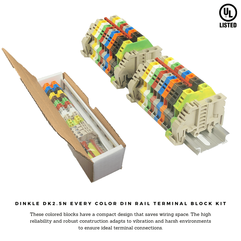 Dinkle UL Every Color DIN Rail Terminal Block Kit 20 DK2.5N 12 AWG Gauge 20A 600V Ground DK4N-PE Jumper DSS2.5N-10P End Covers End Brackets