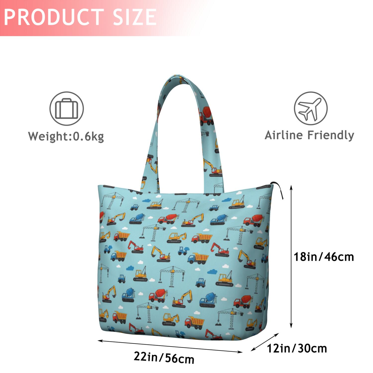 Cartoon Construction Vehicles Cranes Blue Pattern Travel Tote Bags for Women Carry On,Large Weekender Bags for Women Travel,Multi Functional Duffle Bag for Work,Shopping,Sports