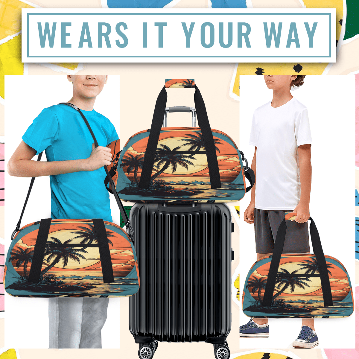 Herdesigns Ocean Sports Duffle Bag for Women & Men, Palm Trees Beach Summer Gym Bag Dance Bag Overnight Bag Carry On Weekender Travel Bag