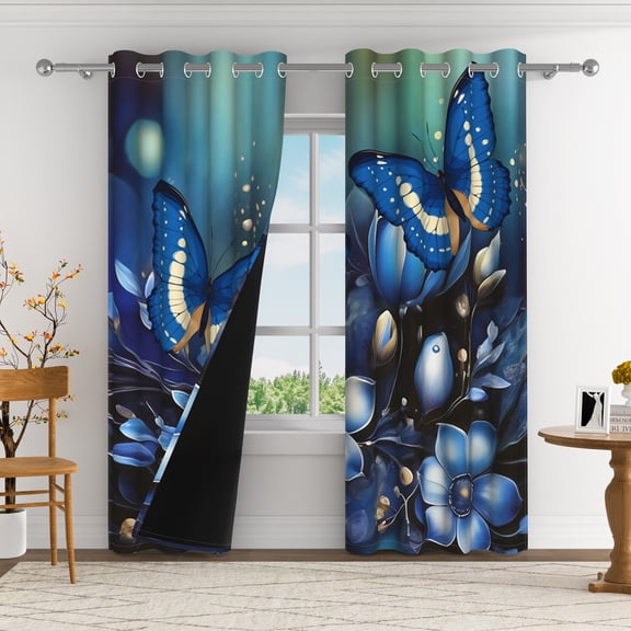 Aofoto Blue Floral Butterfly Blackout Curtains Curtains for Bedroom Living Room, Thermal Insulated Room Darkening Grommet Window Drapes,2 Panels , 52" W x 84" L