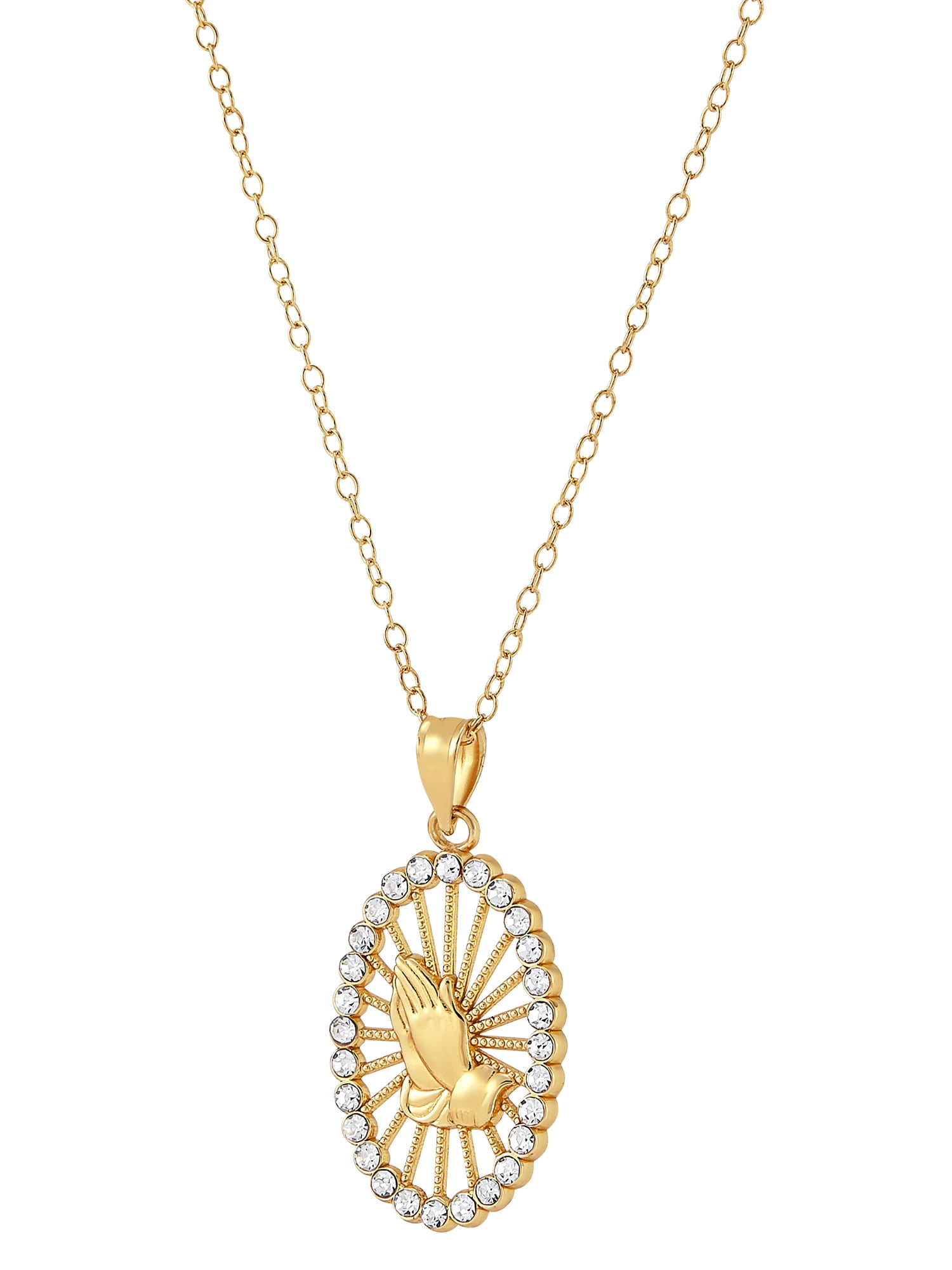 Brilliance Fine Jewelry Praying Hands 18K Gold Over Sterling Silver Oval Pendant With Crystals, 18" Necklace