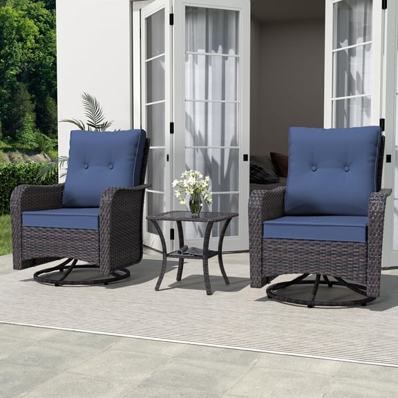 ALAULM 3-Piece Rattan Rockers , Wicker Swivel Rocking Chair Set with Glass Top Coffee Table, 360° rotation (Navy Blue)
