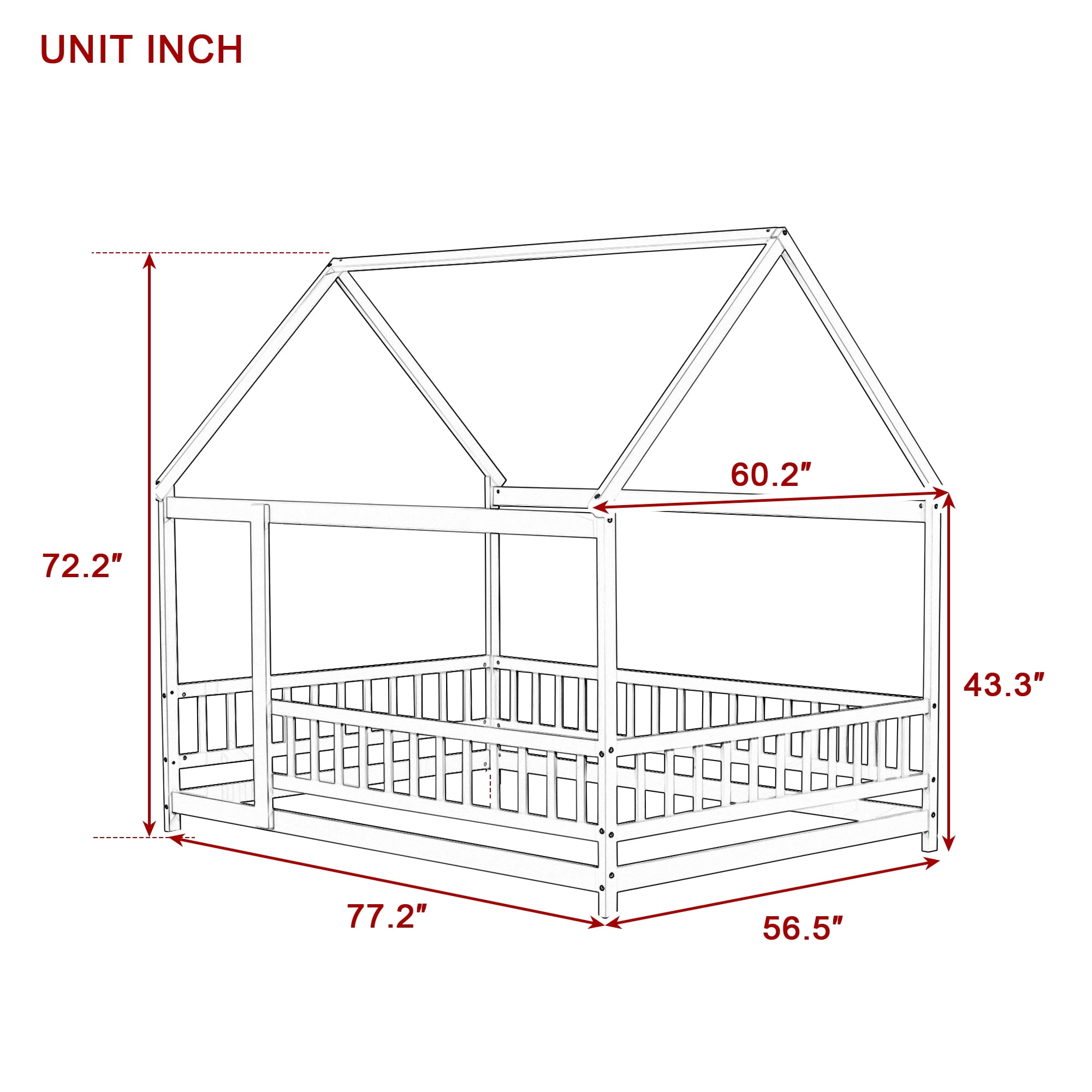 Sailvan Full Size House Floor Wooden Bed with Roof Frame, Safety Guardrails