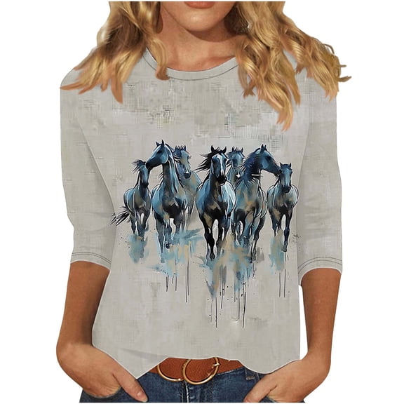 Women's New 3/4 Sleeve Round Neck Pullover Racing Festival Casual Printed Top T-shirt