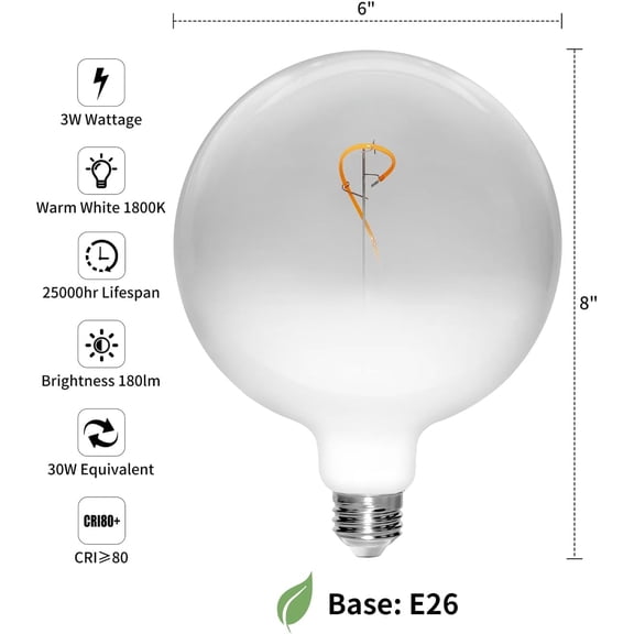 PYYAN-LED Light Bulb,G150 Translucent White LED Globe Bulbs,Warm White 1800K 3W,30W Equivalent,E26 Standard Base,6 inch Oversized Edison Light Bulb for Home Decor,1 Pack
