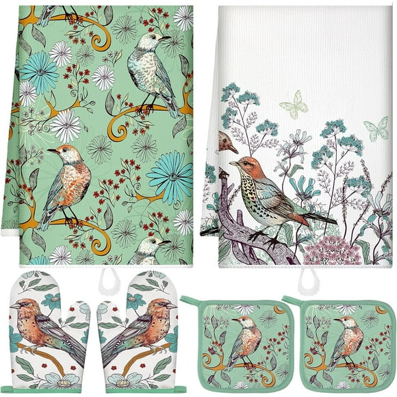 shiyou-6 Bird Flower Kitchen Towels Kitchen Decor and Accessories Set Floral Plant Oven Mitts and Pot Holders Sets Farmhouse Absorbent Dish Towels for Cooking Baking Grilling (Green,White)