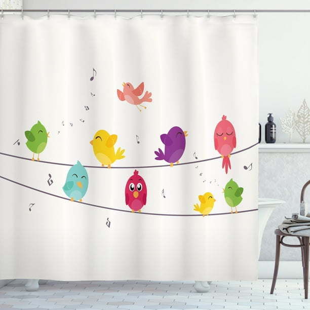 Bird On A Wire Shower Curtain Singing Cartoon Winged Animalusic Notes Plain Backdrop Bird On A Wire Shower Curtain Singing, Birds On A Wire Shower Curtain