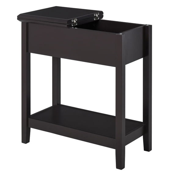 SAZYY Dark Coffee End Table with Lift Top Storage Hinge Cabinet & Bottom Shelf, Sturdy Base for Living Room