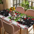 thumbnail image 3 of Black Christmas Table Cloths for 6 Foot Rectangle Tables, Snowman Xmas Tree Ball Snowflake Patio Waterproof Elastic Fitted Tablecloths, Washable Rectangular Table Cover for Camping, 3 of 8