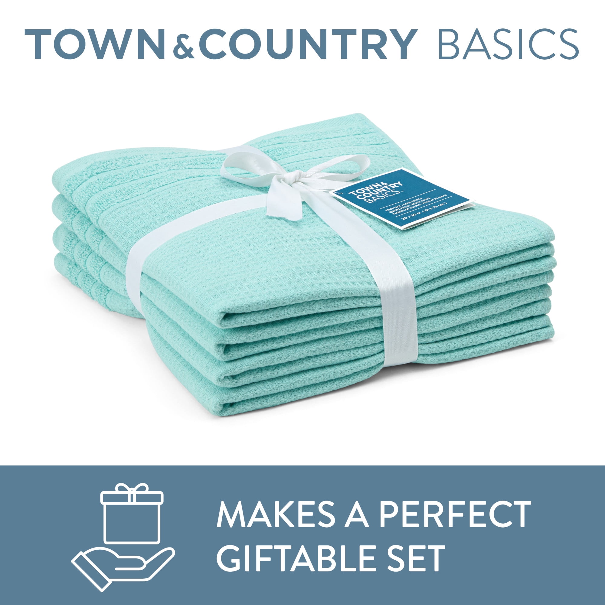 TOWN & COUNTRY BASICS 4-Piece Waffle Woven Terry Stripe Washcloth Set, 13"x13", 100% Cotton, Quick Dry, Aqua
