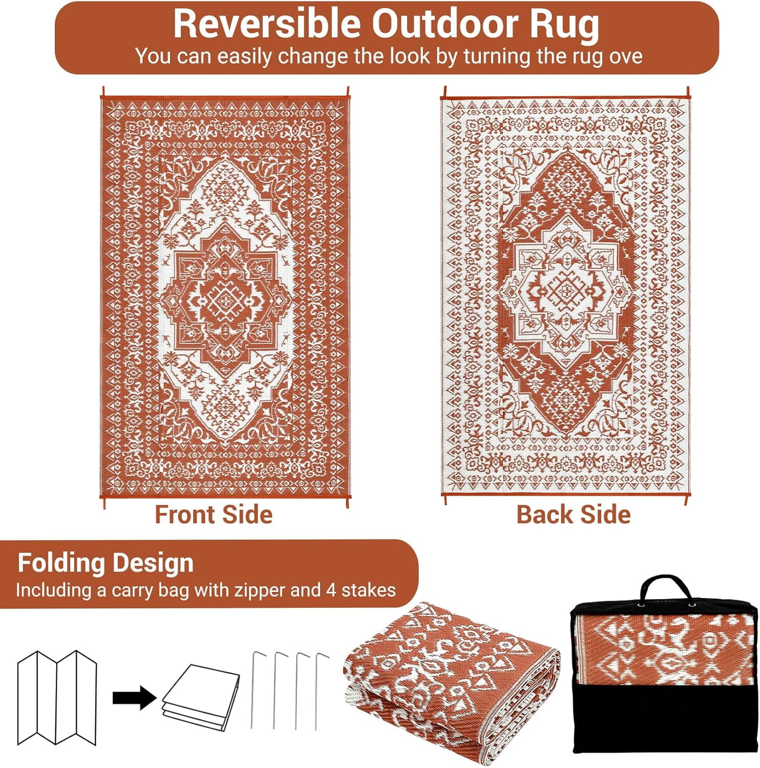 JoanKaren Waterproof Outdoor Rug,10'x14' Reversible Patio Mat,Outside Plastic Grass Mat Straw Rug Backyard Floor Mat for Picnic RV Camping Porch Balcony,Brick Red & White