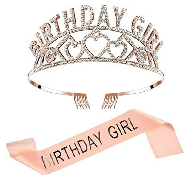 Birthday Tiara Rhinestone Decorative Party Crown with Party Sash for Girls
