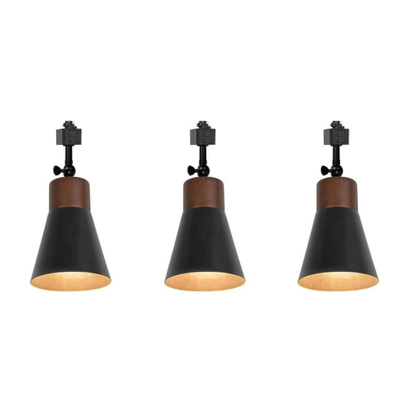 KAYYELAMP Set of Three Walnut Base Black Metal Shade H-Type Adjusted Angle Rotated Degree Track Light Vintage Design for Kitchen Corridor(No Bulb, Track)