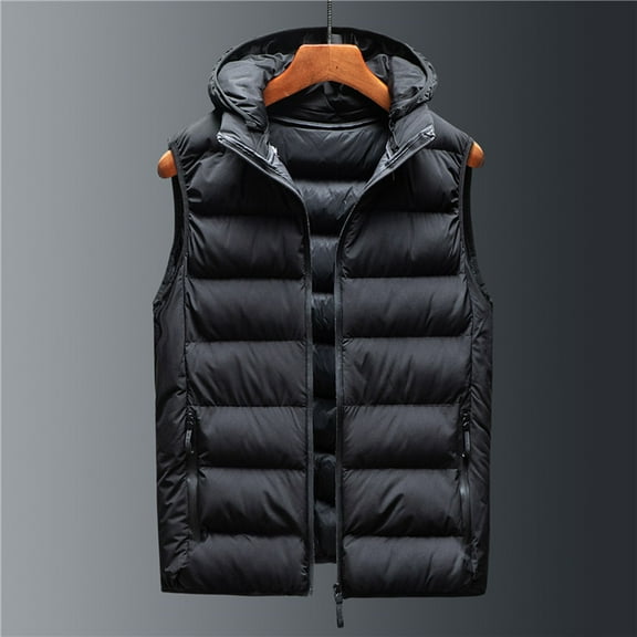 Tawop Mens Jackets Vest Cotton Sleeveless with Hood Pockets Casual Solid Winter Jackets for Men,Black,2XL