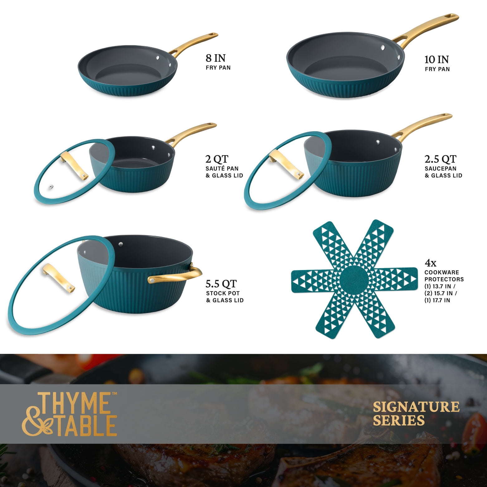 Thyme & Table 12-Piece Ceramic Non-Stick Signature Ribbed Cookware Set, Non-Toxic Pots and Pans Set - Peacock Blue