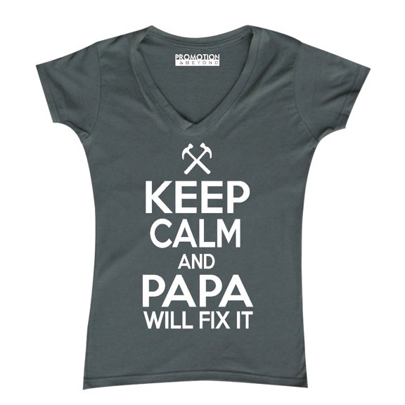P&B KEEP CALM PAPA WILL FIX IT Women's V-neck, Charcoal, M