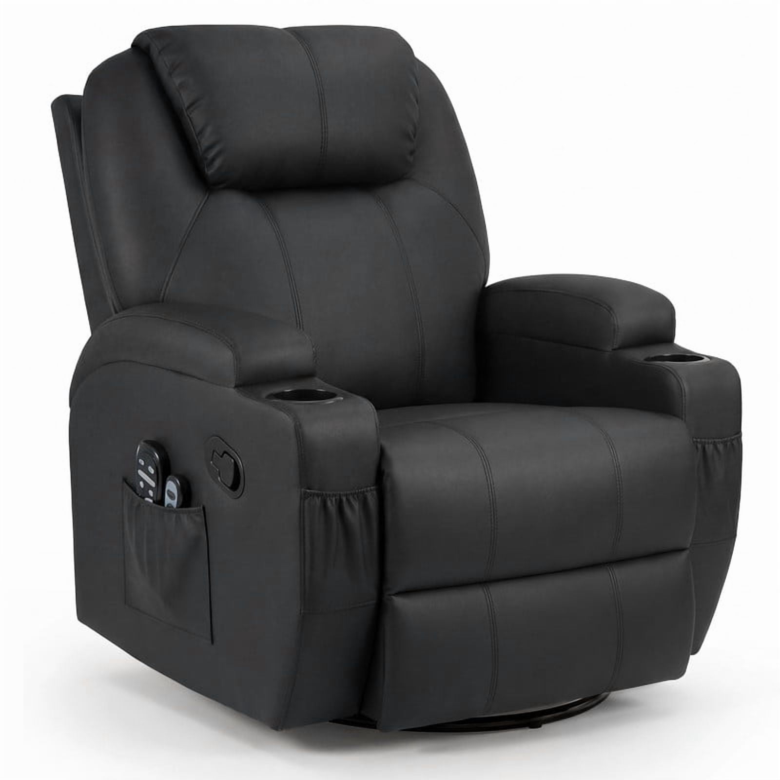 Lacoo PU Leather Swivel Rocker Recliner with Massage for Living Room Small Spaces Lounge Recliner Chair with Side Pockets for Adults,PU Black